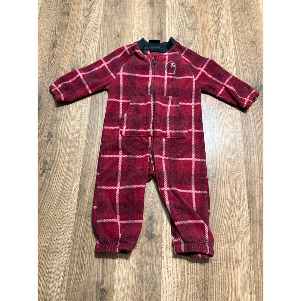 Carhartt Jumpsuit Baby Size 6M Red Fleece Plaid One-Piece Pajama Full Zip Pocket